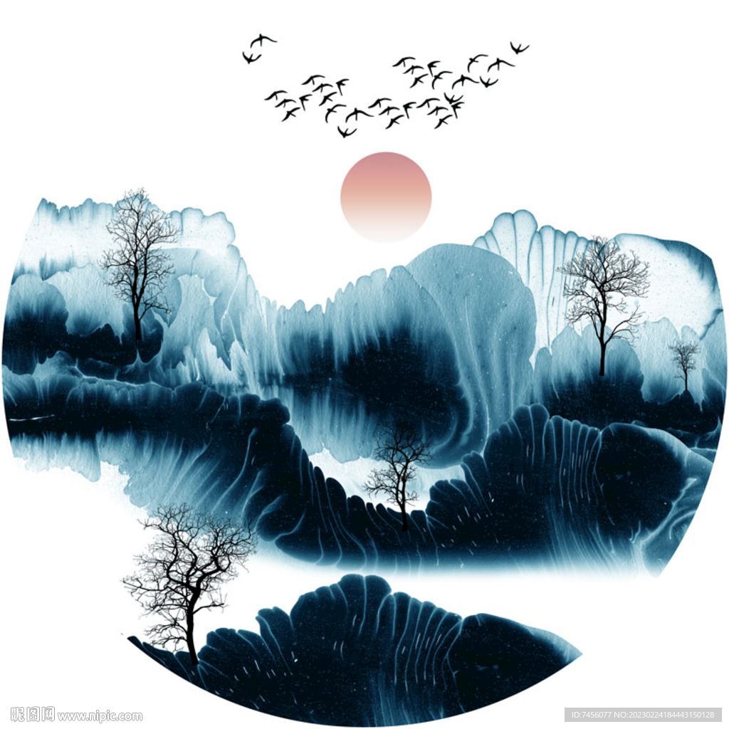 水彩山林湖泊圆形挂画装饰画