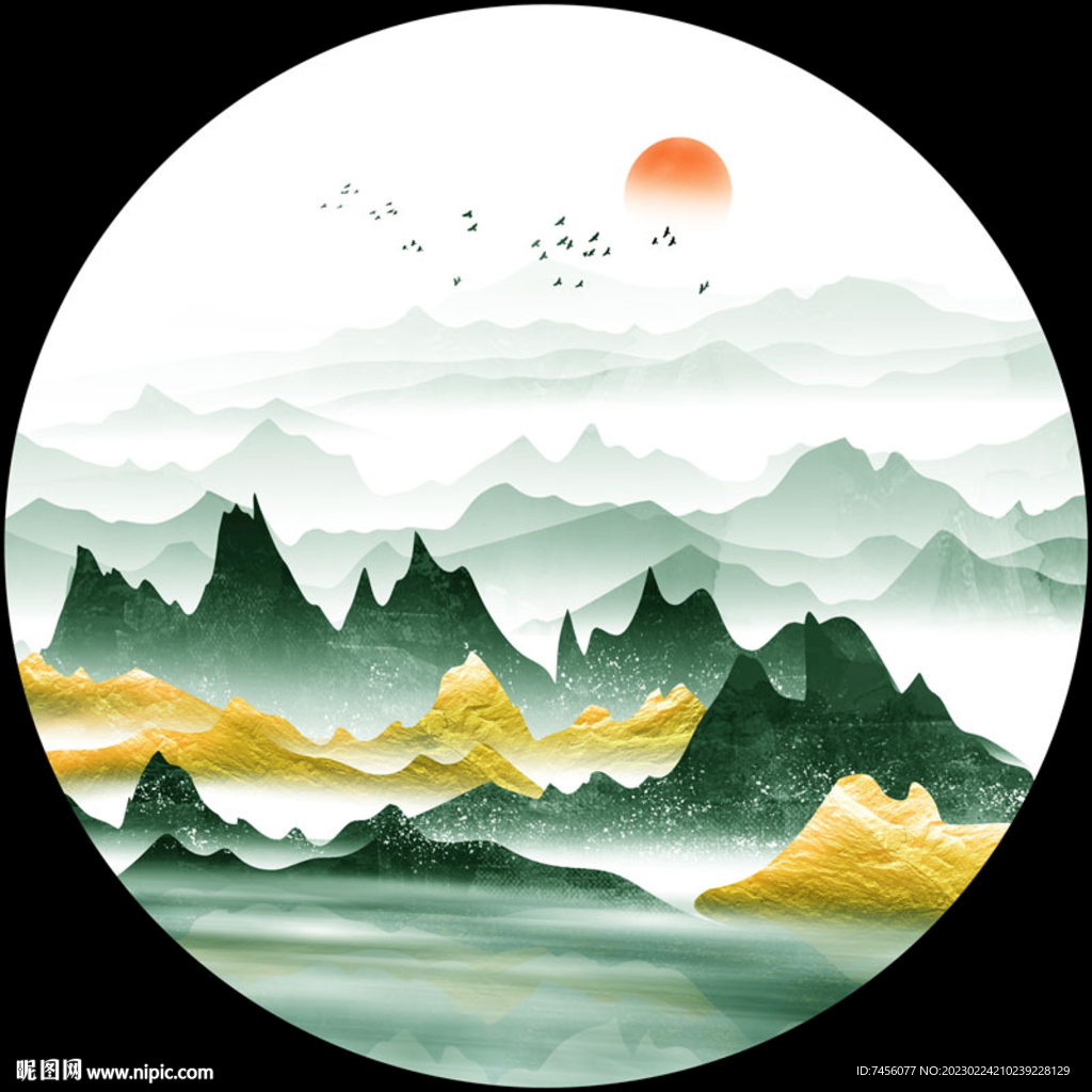 水墨山脉唯美圆形挂画装饰画