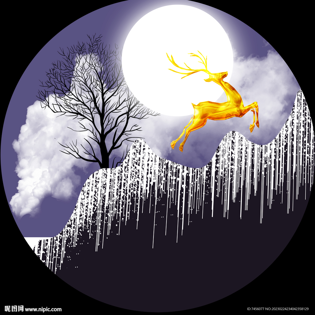 麋鹿山脉唯美圆形挂画装饰画