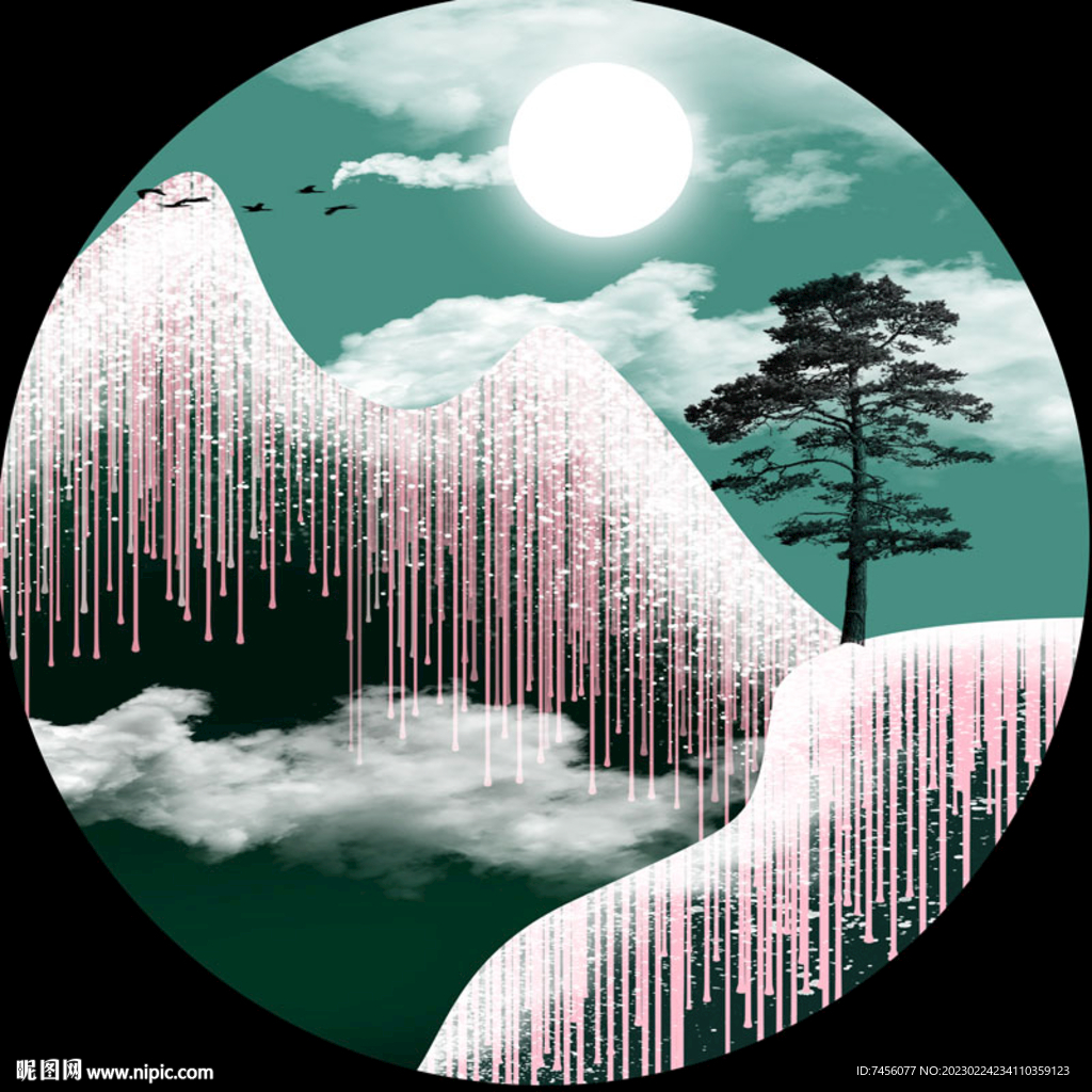 明月山水湖泊圆形挂画装饰画