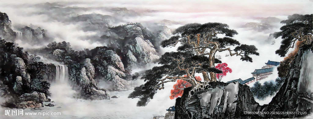 国画迎客松山水画图片