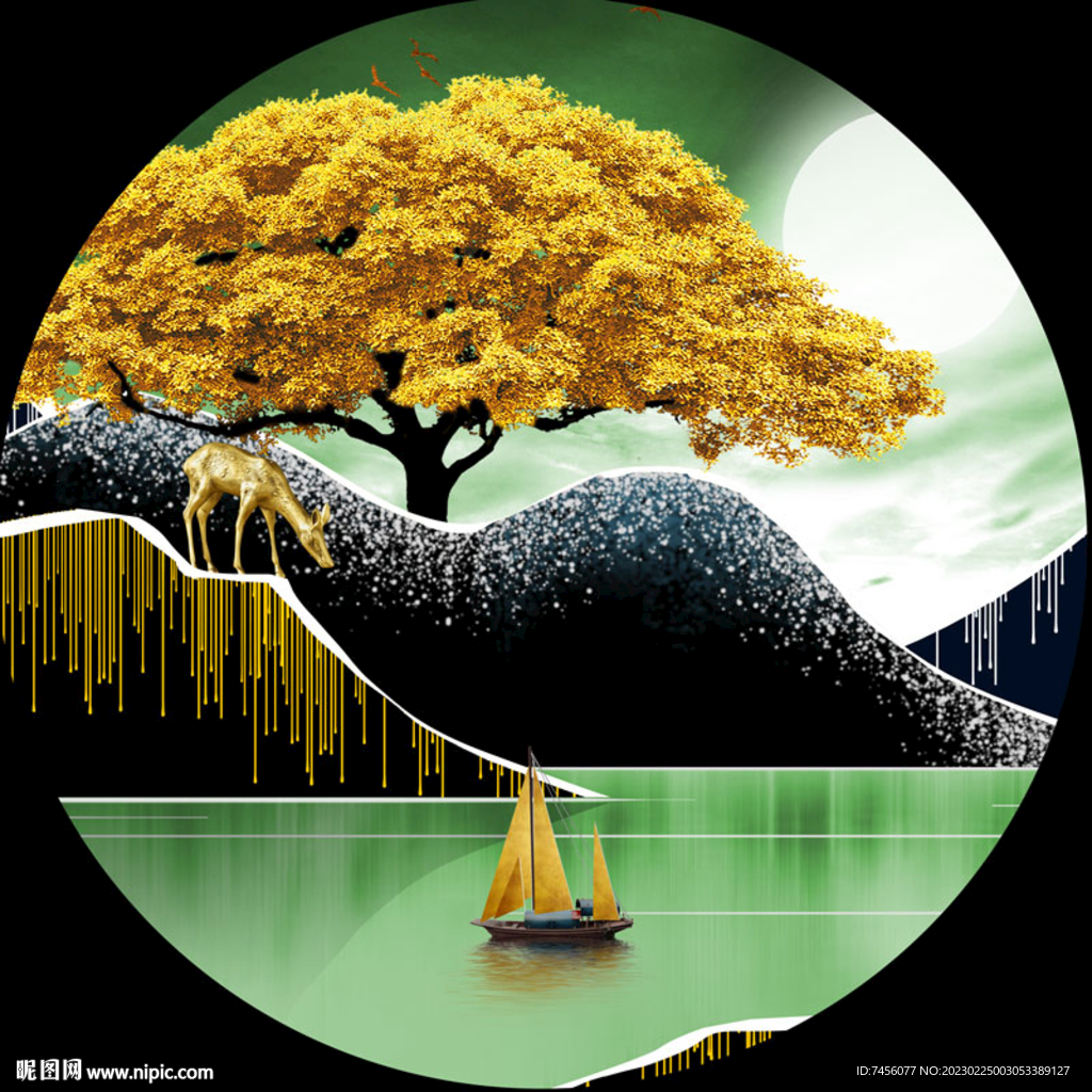 发财树湖泊美景圆形挂画装饰画