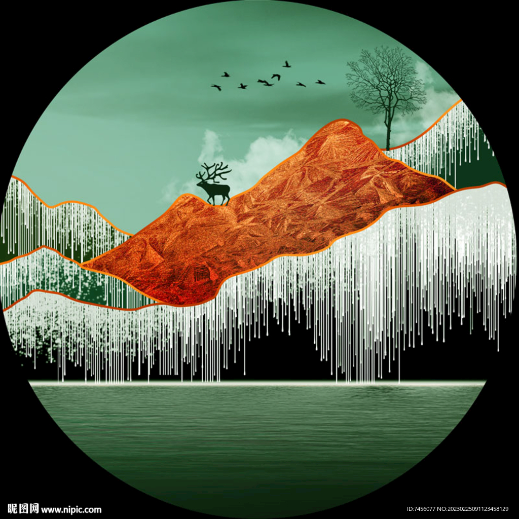 湖泊麋鹿水彩圆形挂画装饰画