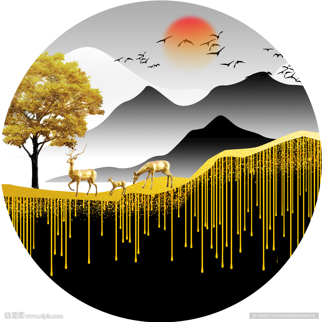 水墨山脉发财树圆形挂画装饰画