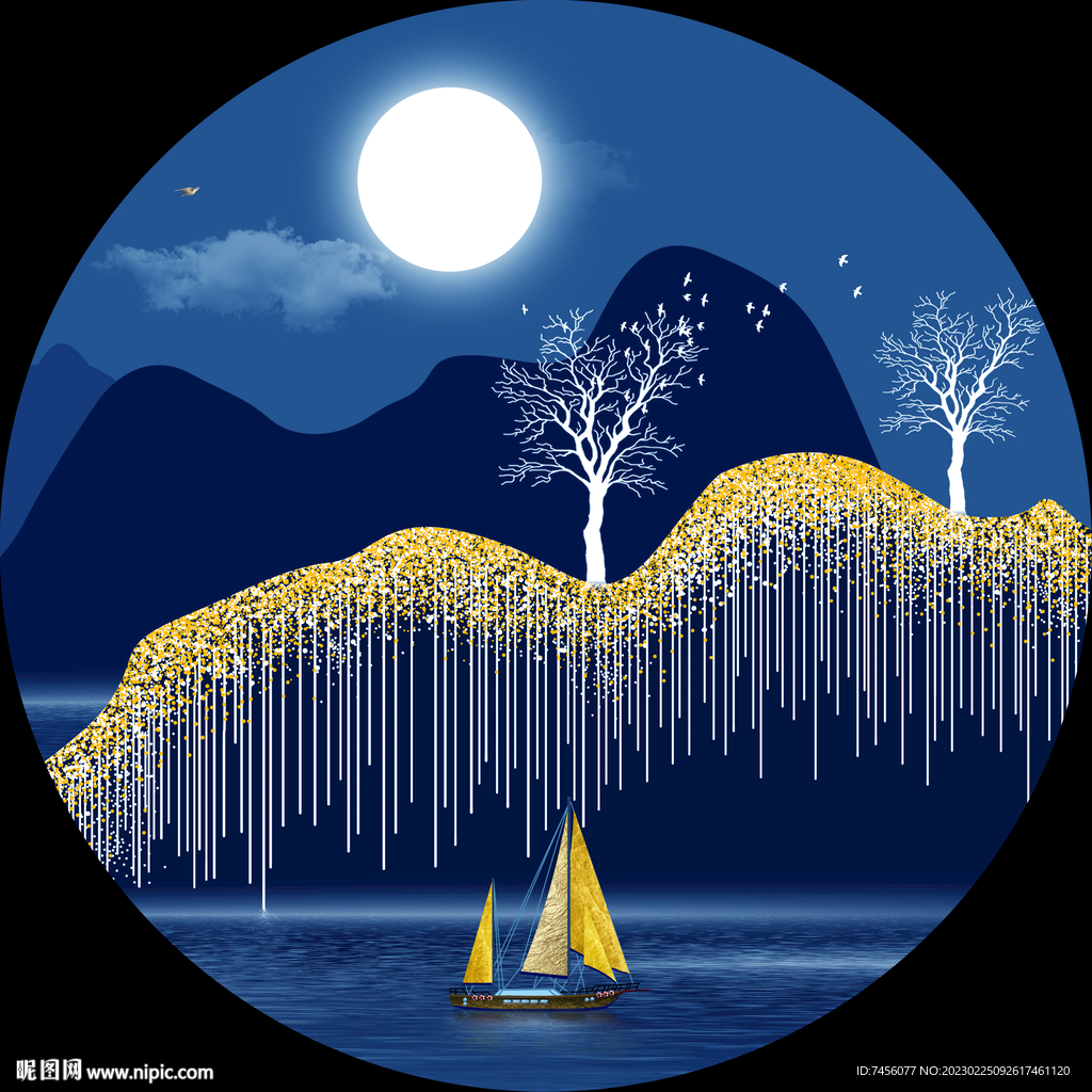 湖畔帆船美景圆形挂画装饰画