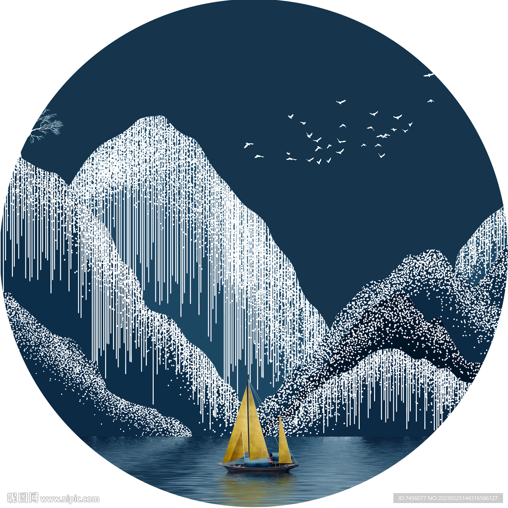 湖泊帆船唯美圆形挂画装饰画
