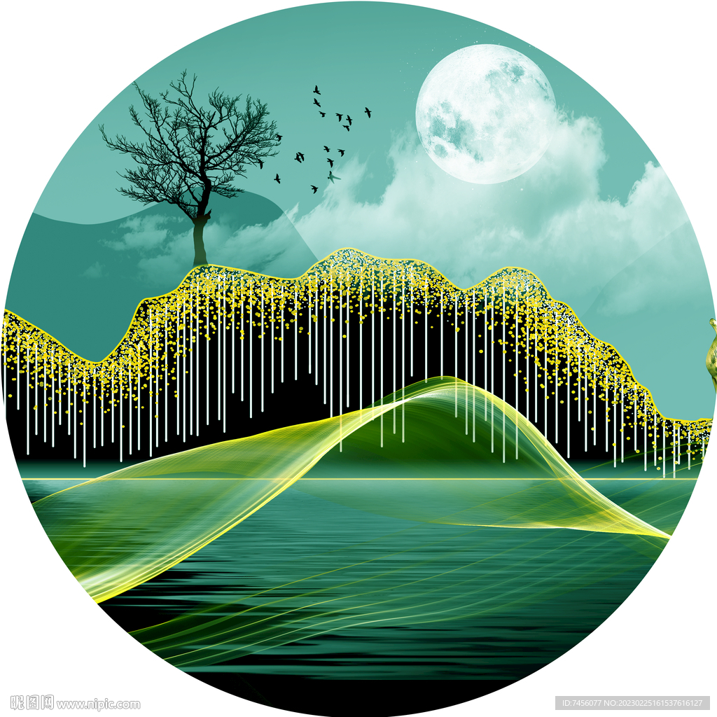 简约树湖泊圆形挂画装饰画