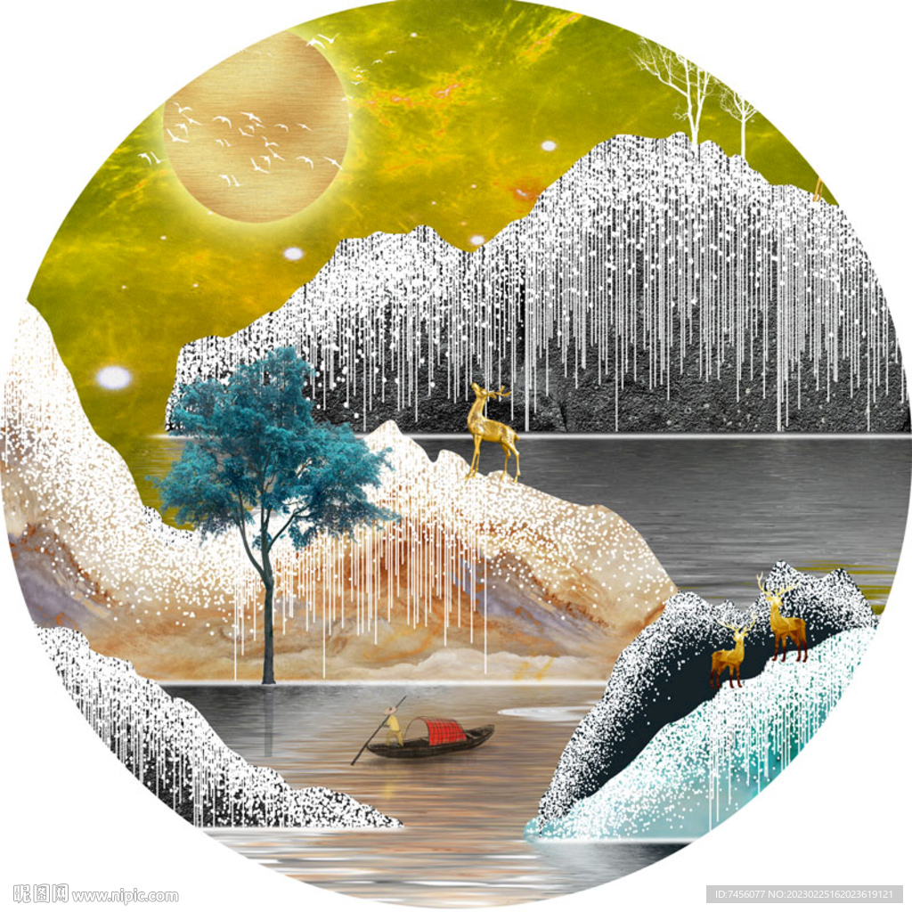 山峦湖泊麋鹿圆形挂画装饰画