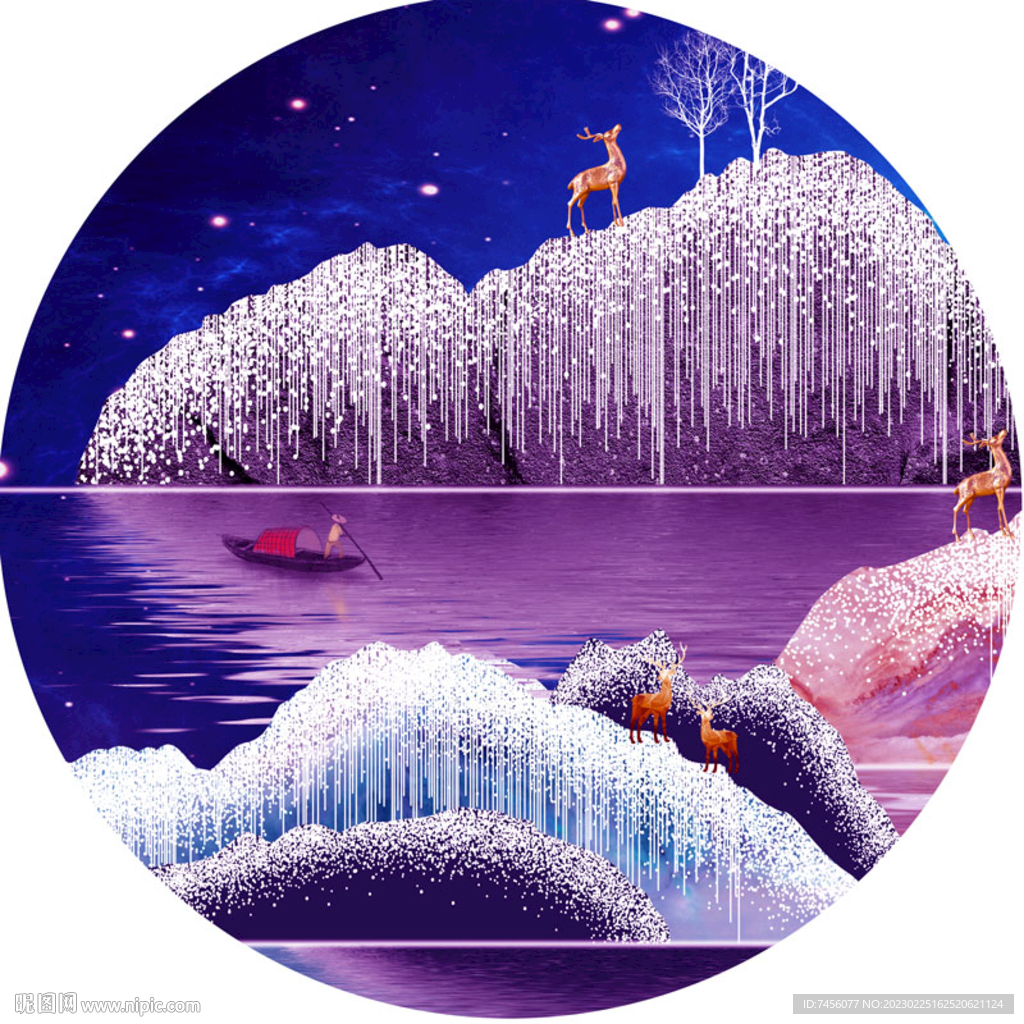 湖畔麋鹿山水美景圆形挂画