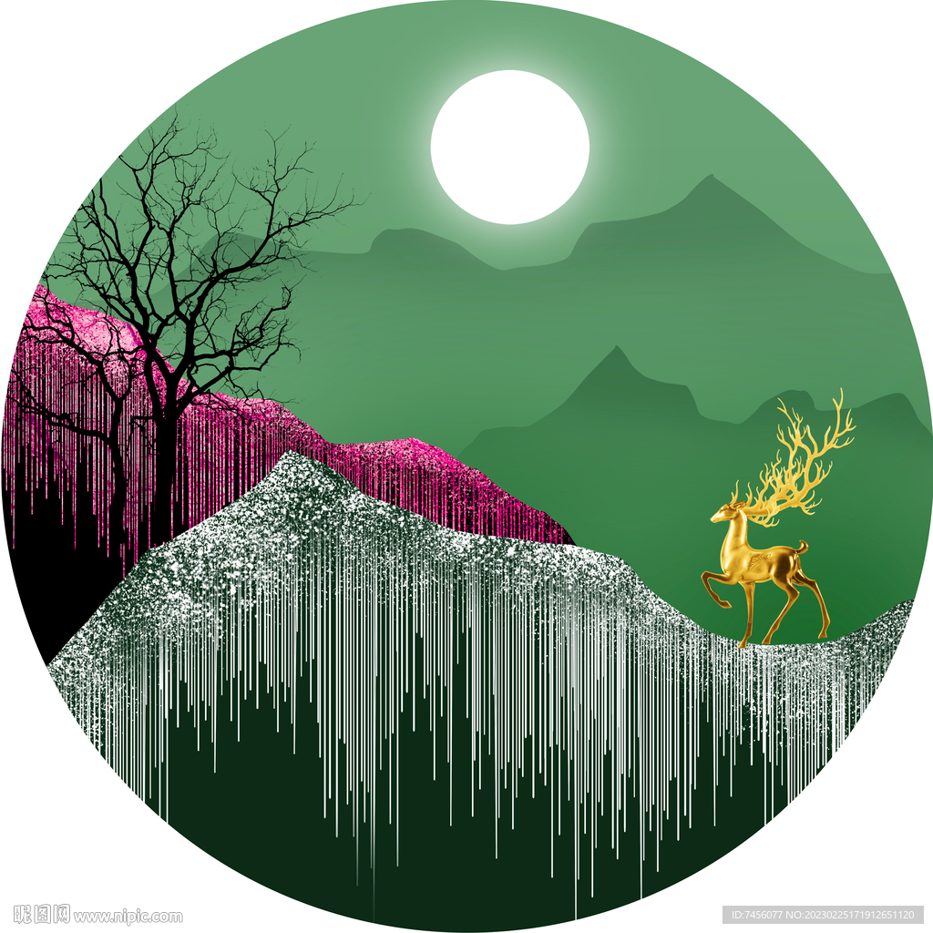 新中式山林麋鹿圆形挂画装饰画