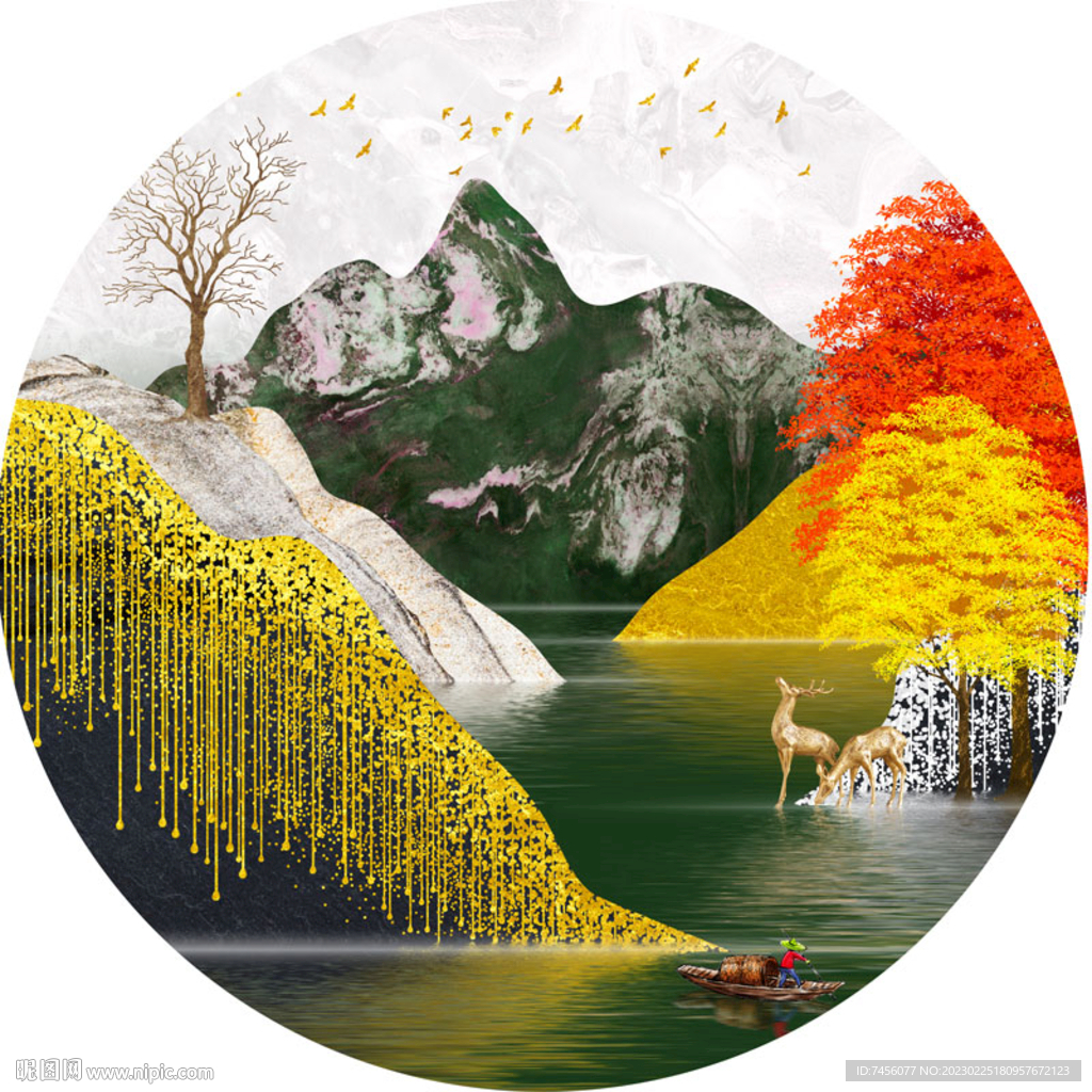 水彩湖泊麋鹿圆形挂画装饰画