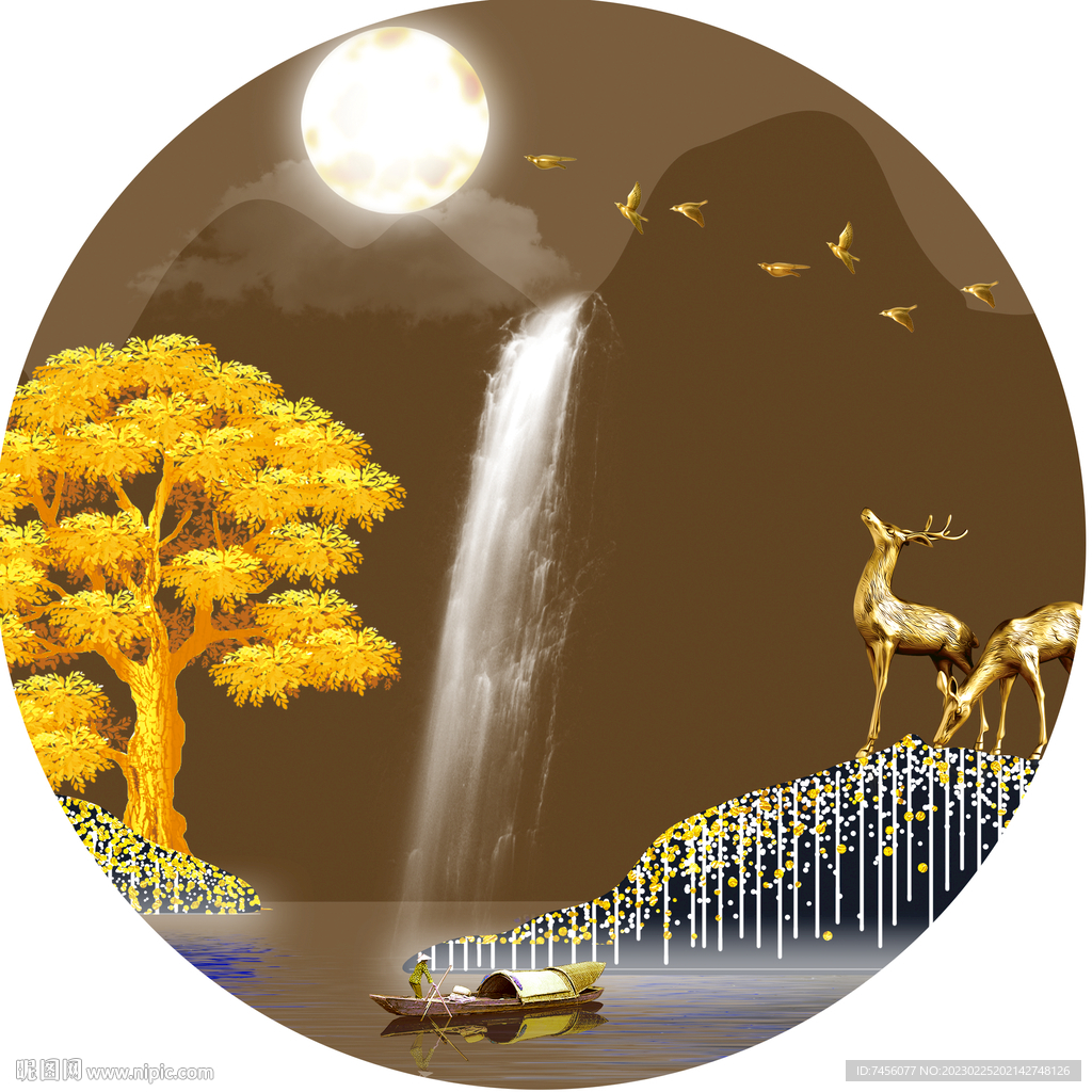 瀑布麋鹿发财树圆形挂画装饰画
