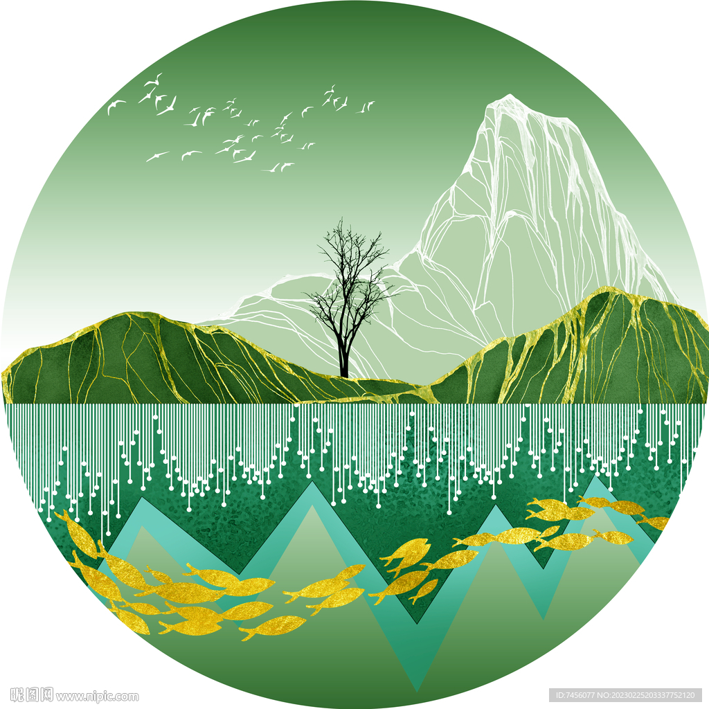 水彩湖泊游鱼圆形挂画装饰画