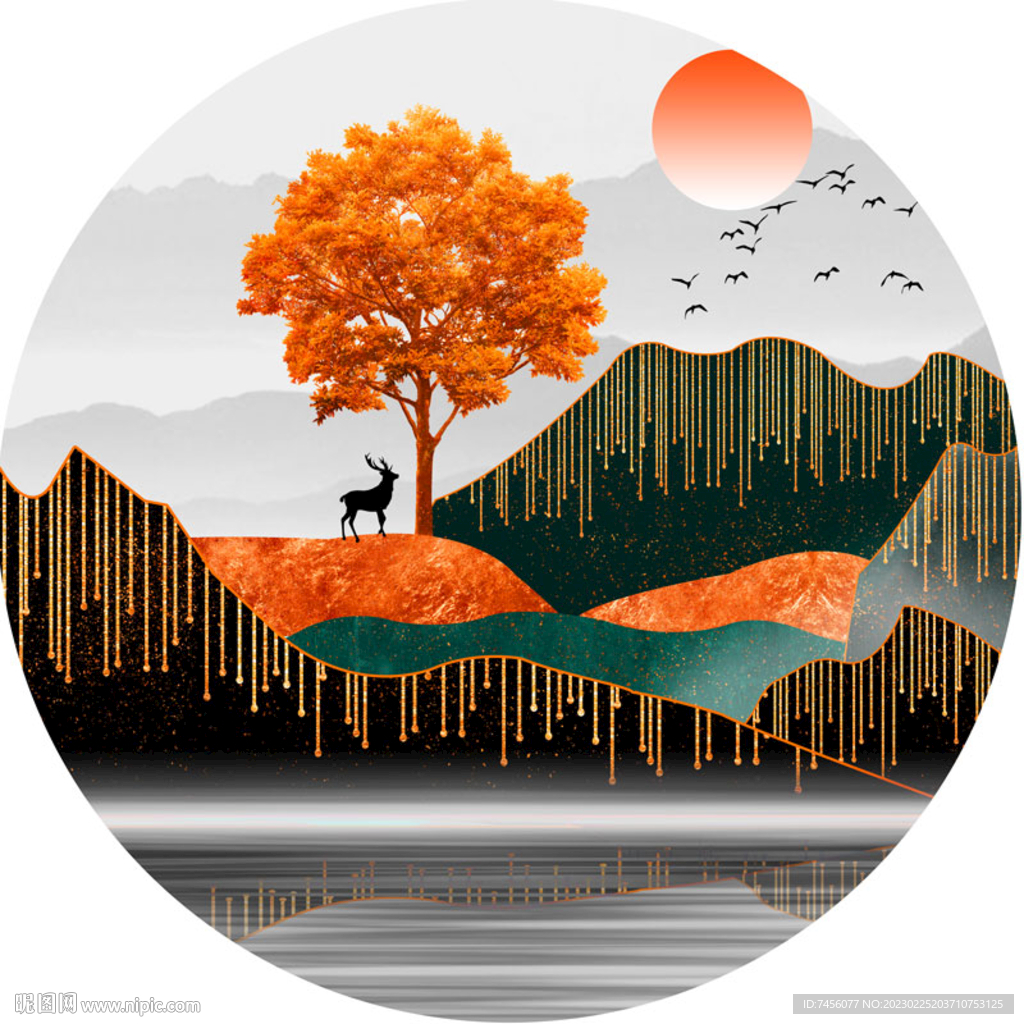 山水湖泊麋鹿圆形挂画装饰画