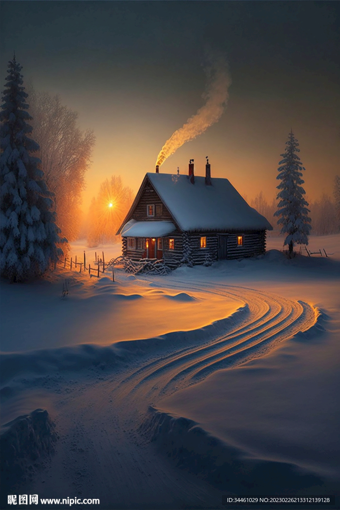 静谧幽静典雅的雪中小屋炊烟袅袅
