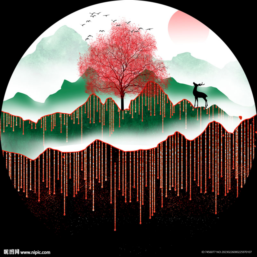 水彩山脉大树圆形挂画装饰画