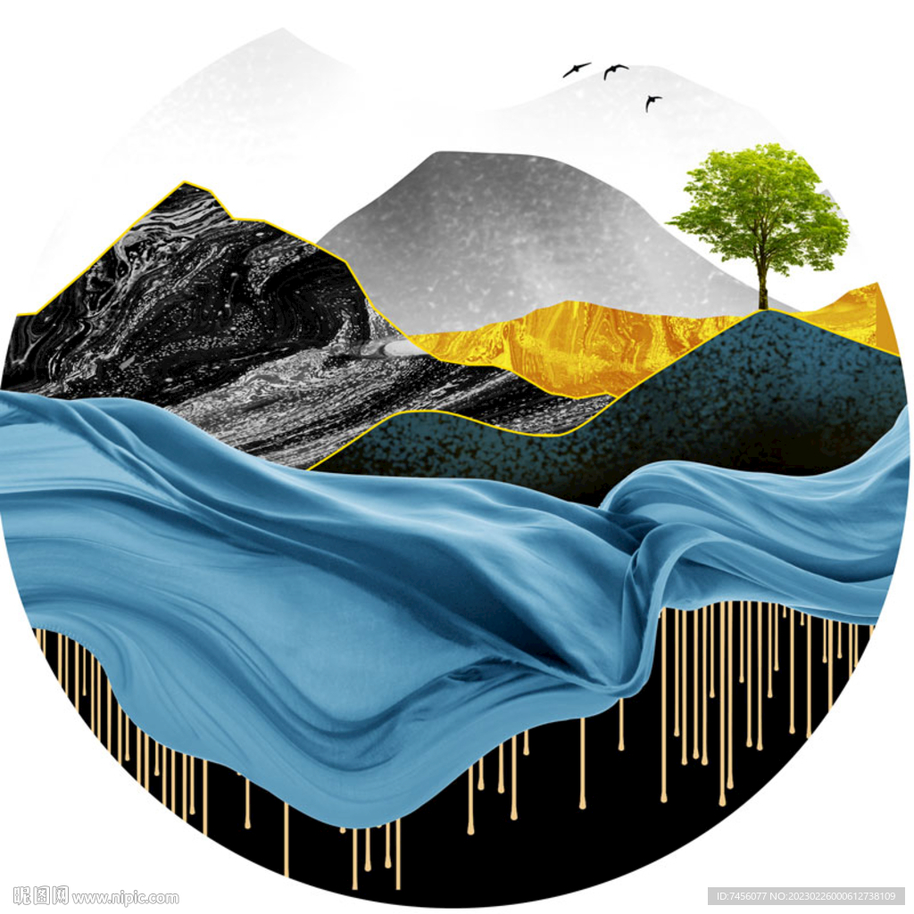 飞鸟水墨山脉绸布圆形挂画装饰画