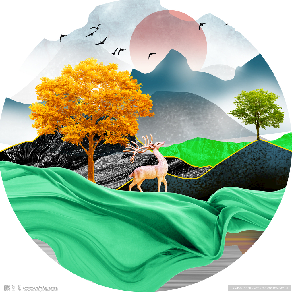 麋鹿水墨山脉发财树圆形挂画