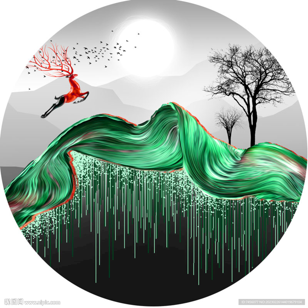 水彩绸布麋鹿风景画圆形挂画