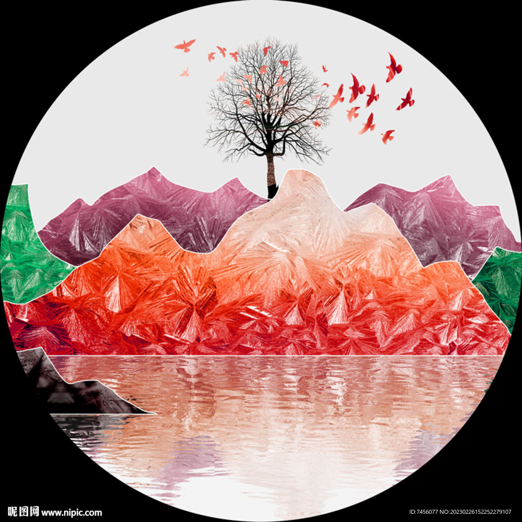 水彩山脉湖畔圆形挂画装饰画