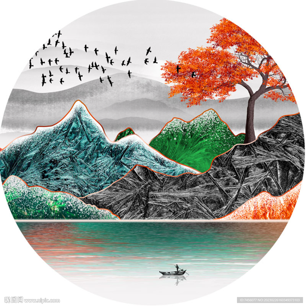 山水湖畔圆形艺术挂画装饰画