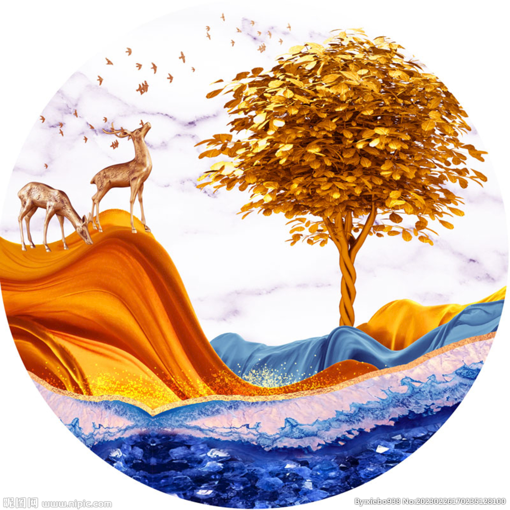 麋鹿发财树圆形挂画装饰画