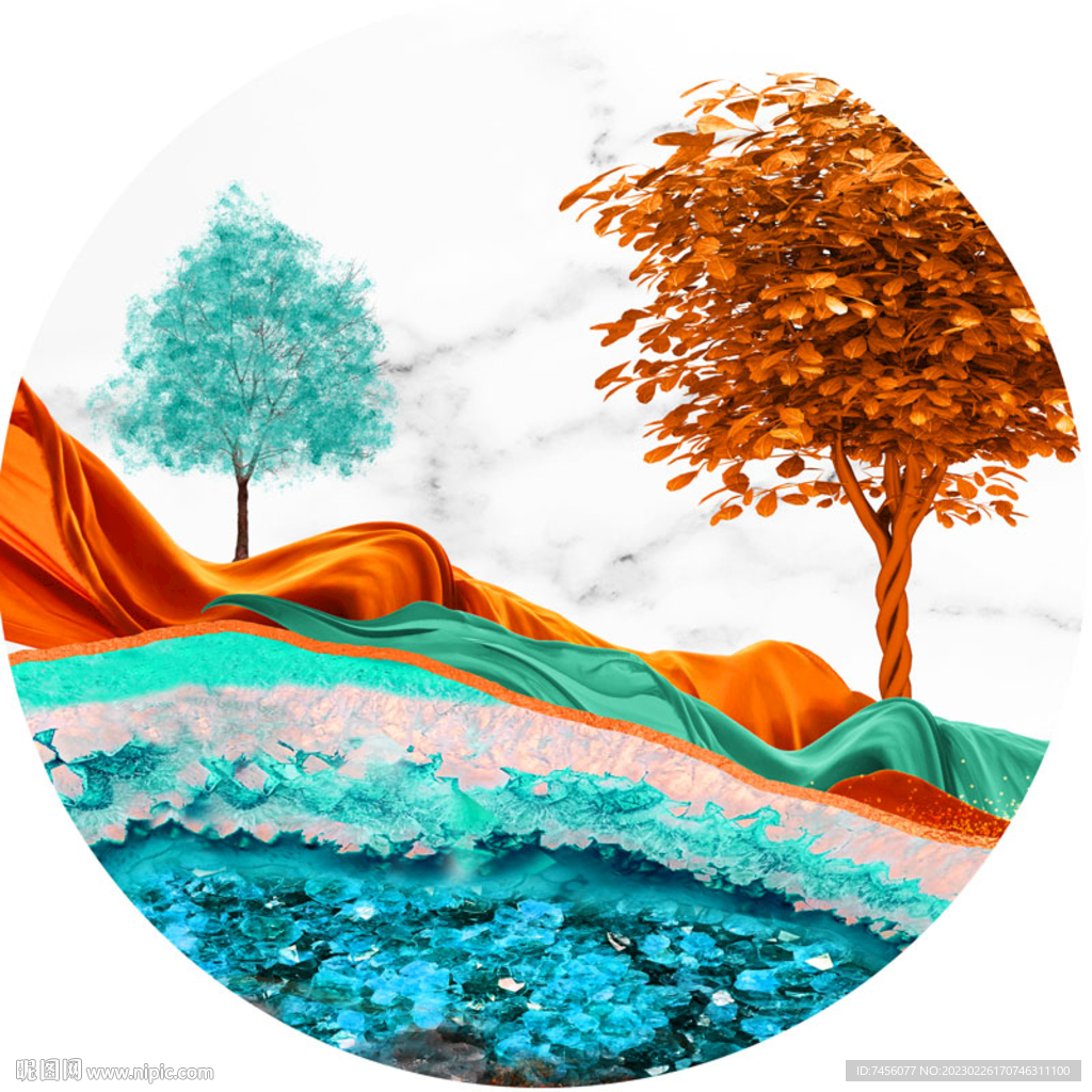 水彩树山峦圆形挂画装饰画