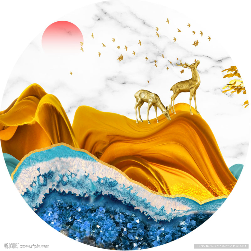水彩山峦麋鹿圆形挂画装饰画