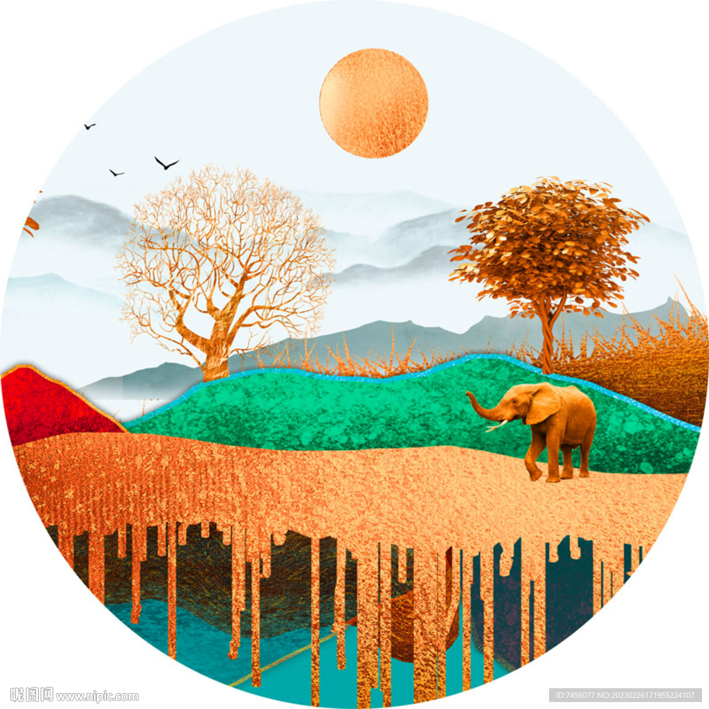 大象山峦美景圆形挂画装饰画