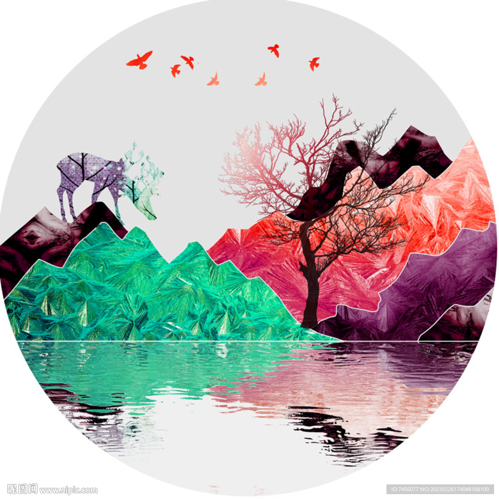 麋鹿湖畔水彩圆形挂画装饰画