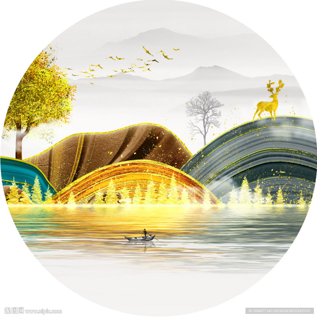 水彩树麋鹿湖畔圆形挂画装饰画