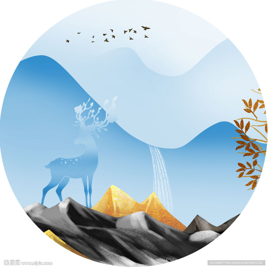 简约麋鹿山峦圆形挂画装饰画