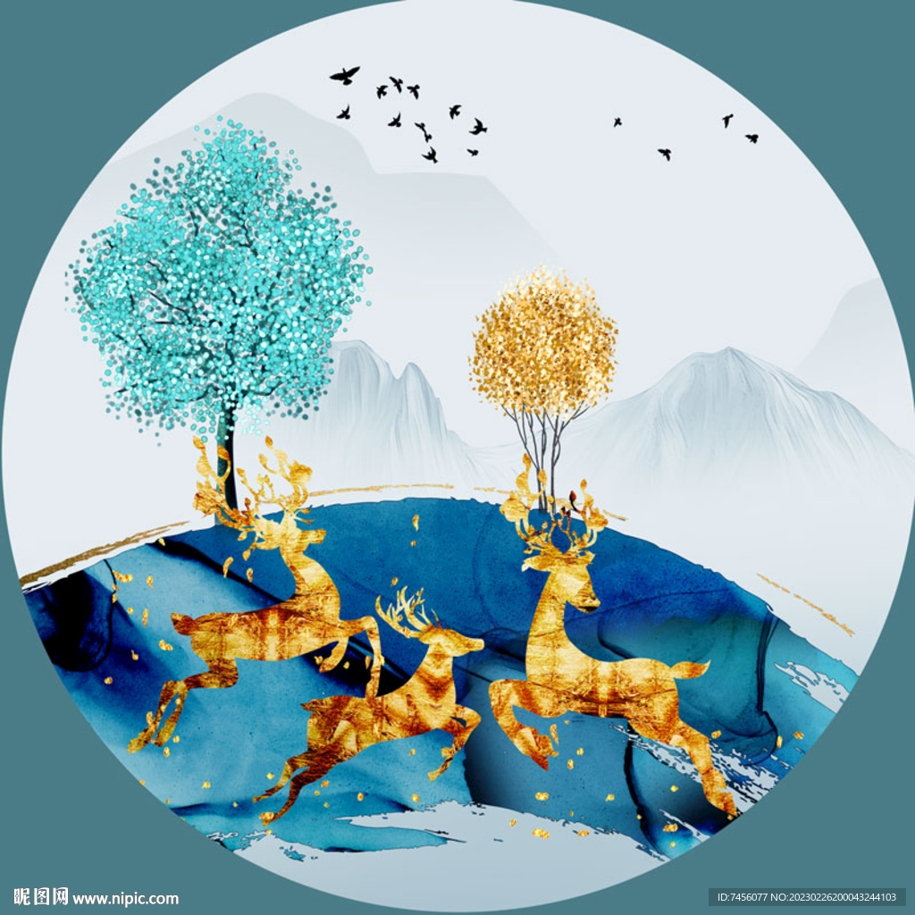金箔麋鹿水墨山林圆形挂画装饰画