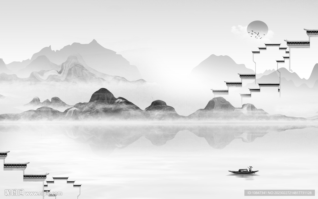 别墅 中式灰色山水 TIf分层