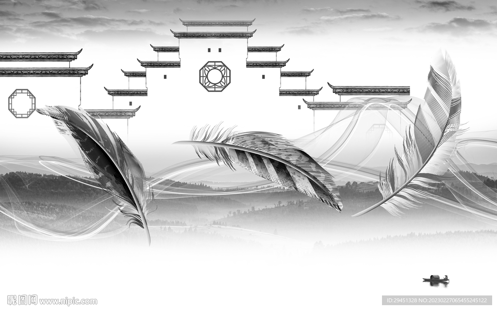 羽毛 沙发灰色山水 Tif分层