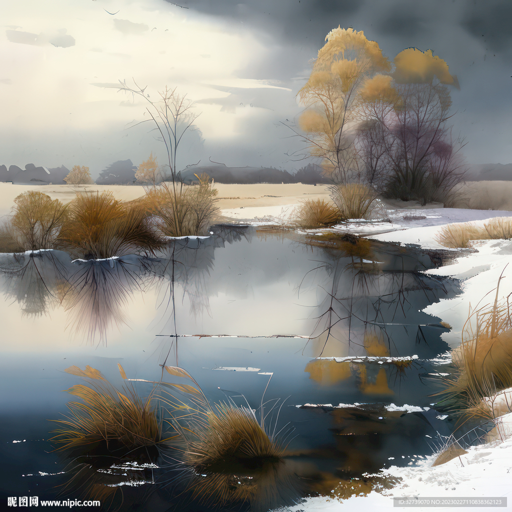 水彩风景 冰雪消融