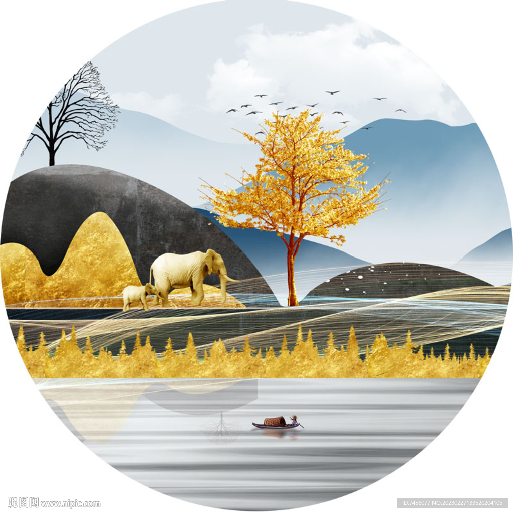 水墨湖畔大象水彩圆形挂画