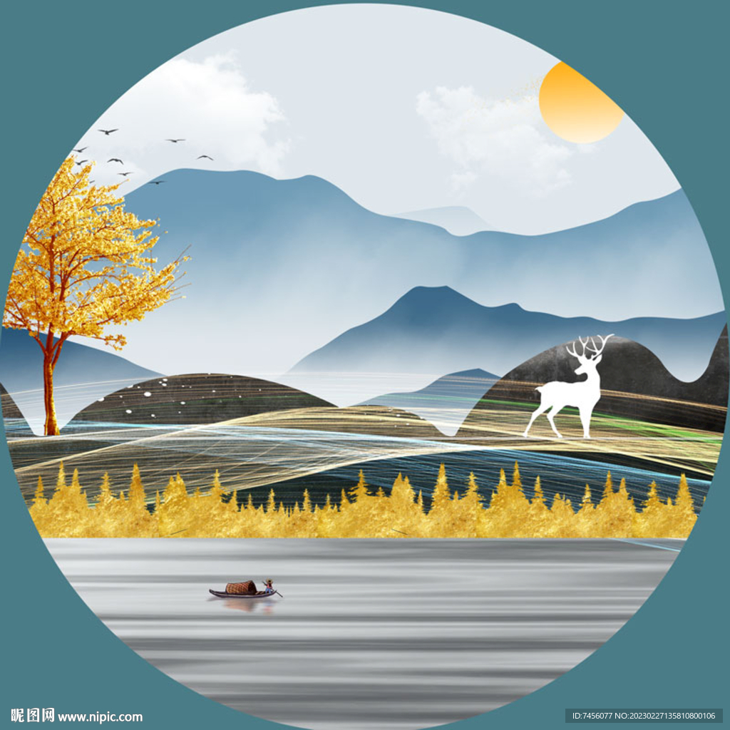 水墨山脉湖畔唯美圆形挂画装饰画