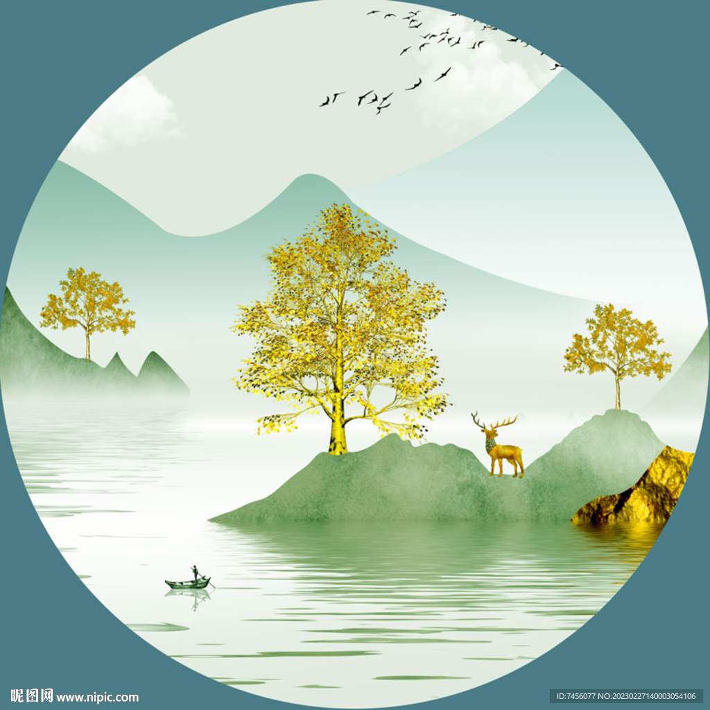 湖畔发财树麋鹿圆形挂画装饰画