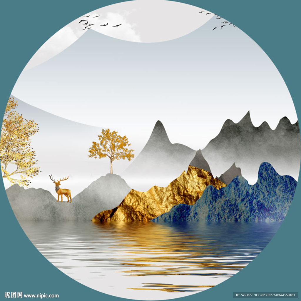 水彩山脉麋鹿湖畔圆形挂画装饰画