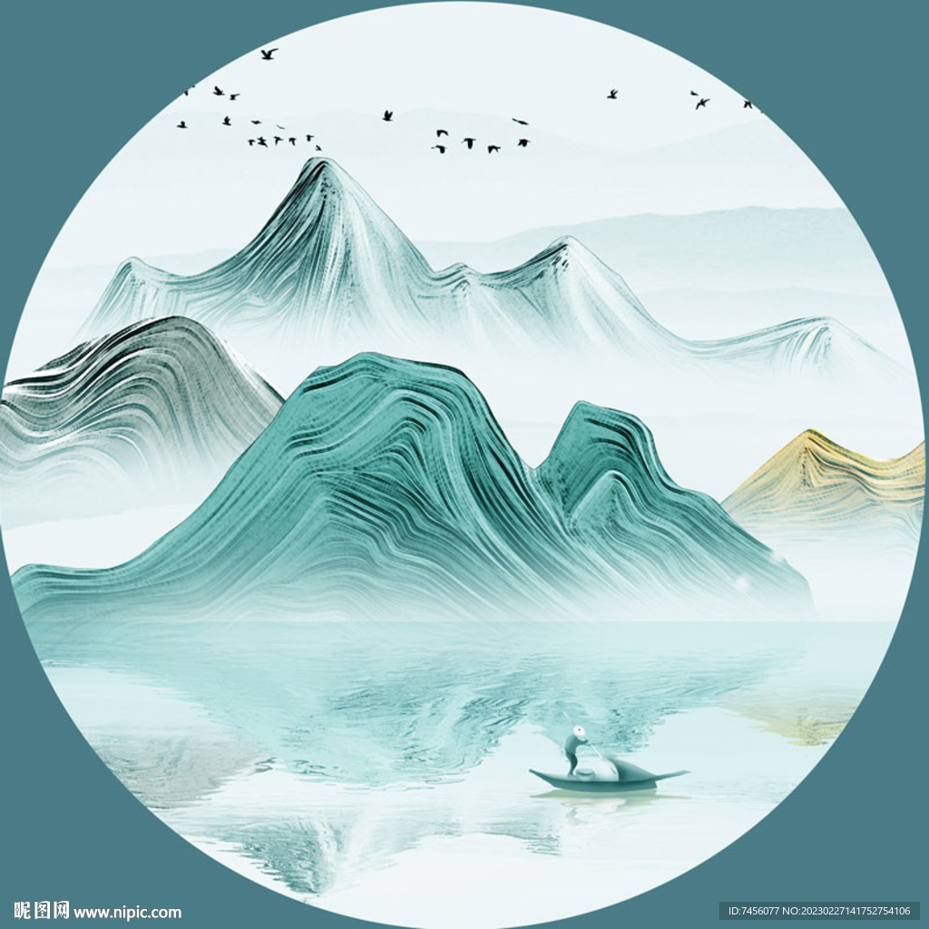 水墨山水湖畔圆形挂画装饰画