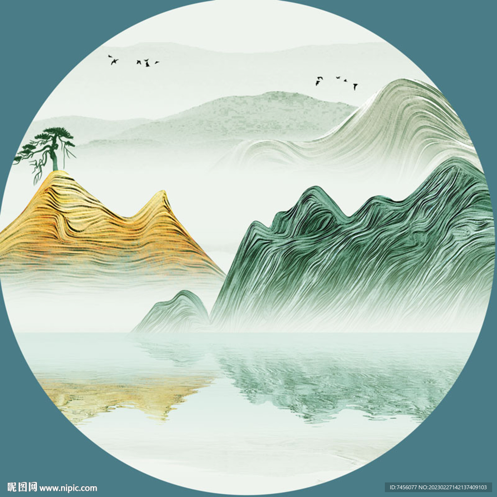 水墨湖畔唯美圆形挂画装饰画