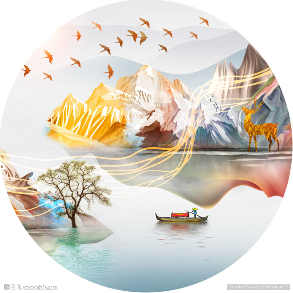木舟湖畔山脉圆形挂画装饰画