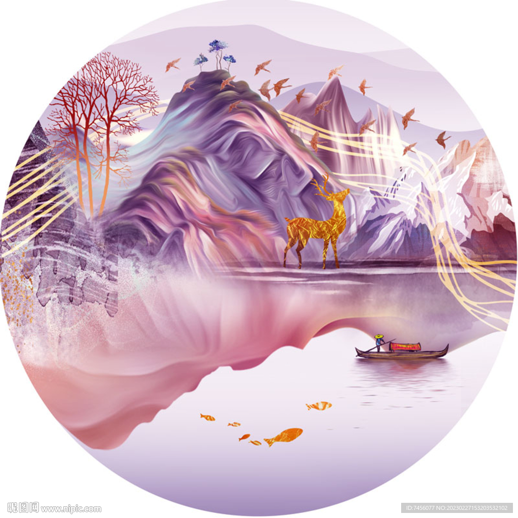 湖畔麋鹿山脉紫色圆形挂画装饰画