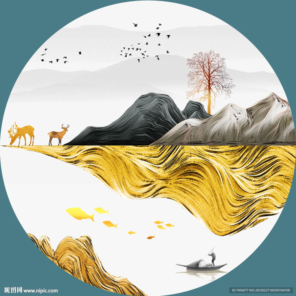 麋鹿湖畔山脉圆形挂画风景画