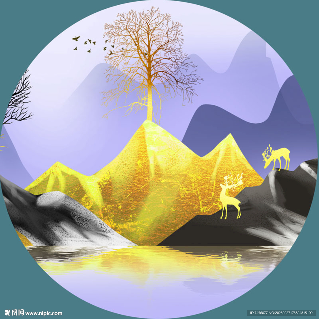 麋鹿湖畔山脉圆形挂画装饰画