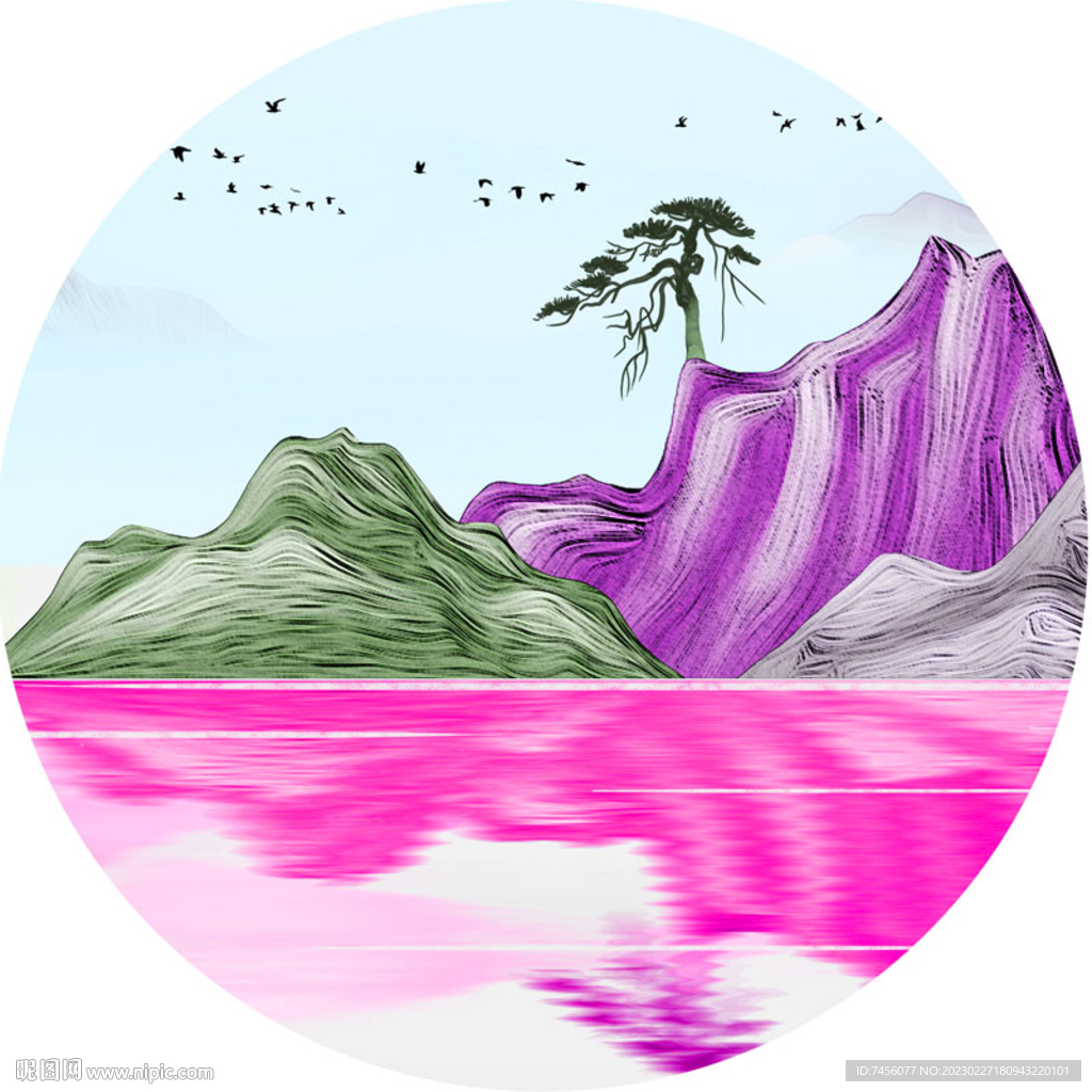 水彩山脉湖畔圆形挂画
