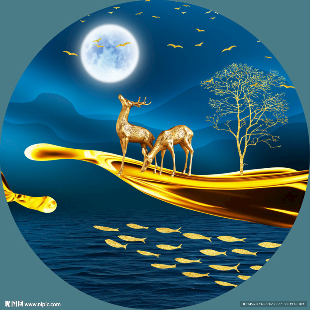 明月游鱼麋鹿圆形挂画装饰画