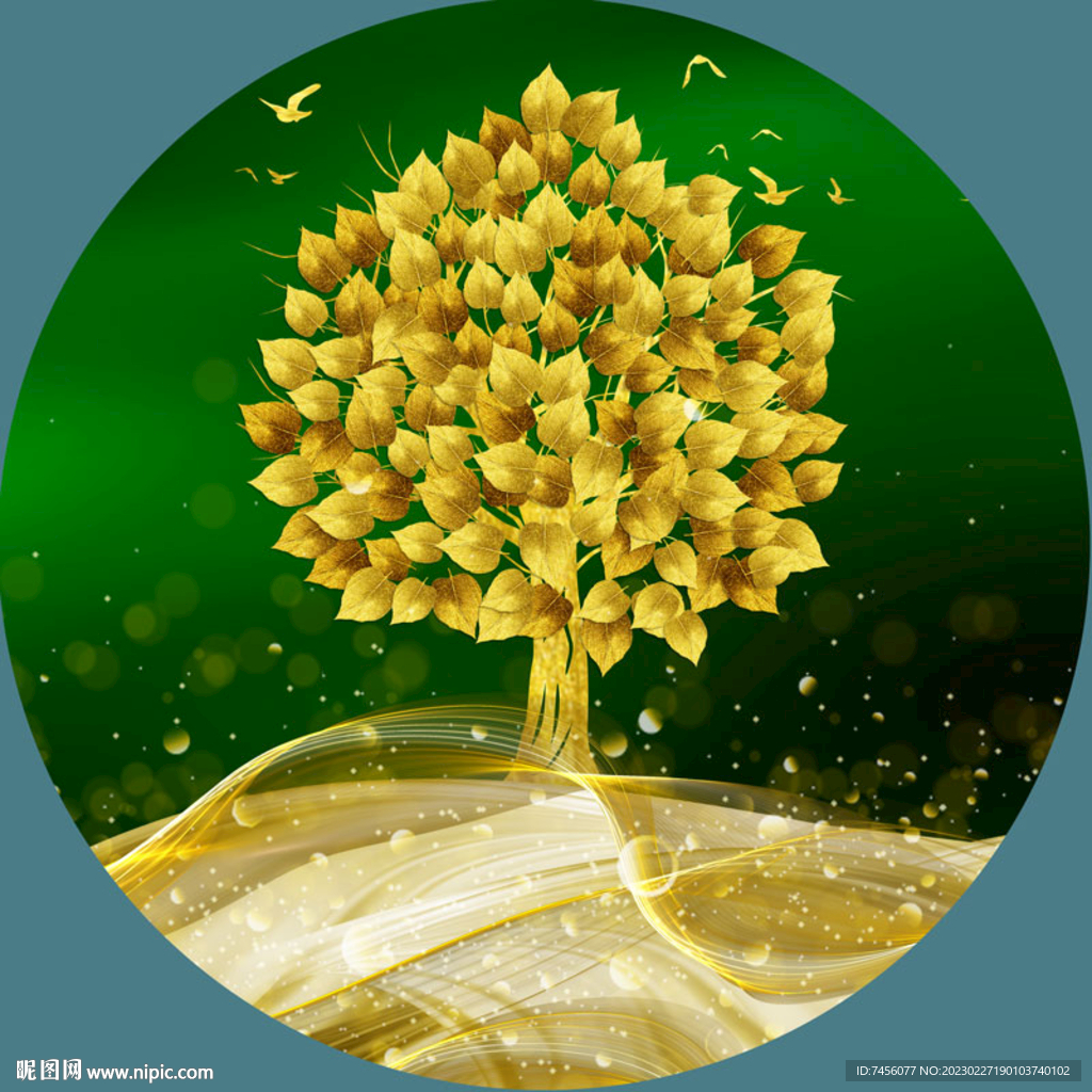 水彩金色发财树圆形挂画装饰画