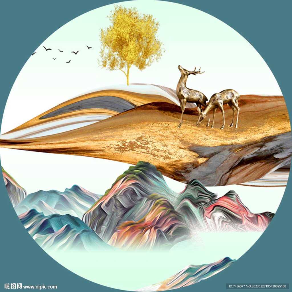 水彩山脉麋鹿圆形挂画装饰画